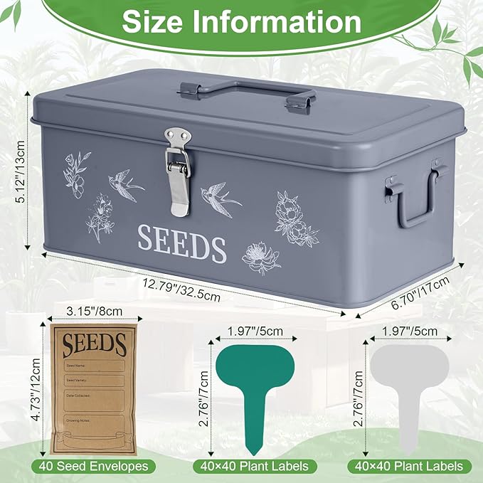 FACULX Seed Organizer Storage Box, Seed Saver Kit with 40 Plant Labels and 40 Seed Envelopes, Metal Seed Storage Organizer, Seed Saving Box, Seed Packet Container, Large, Grey
