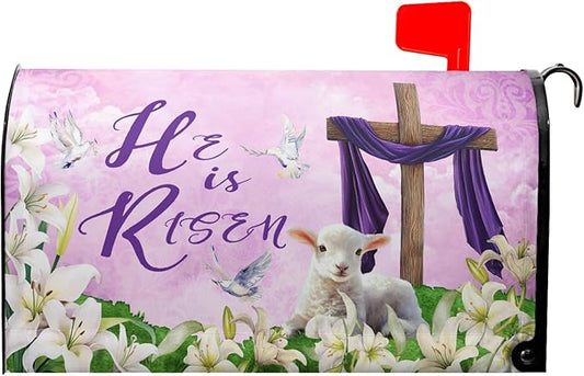 He is Risen Mailbox Cover Magnetic, Easter Cross Lamb Mailbox Wrap 21x18 Inch, Spring Lily Flowers Standard Size Waterproof Letter Post Cover for Yard Garden Outdoor Outside Home Decor
