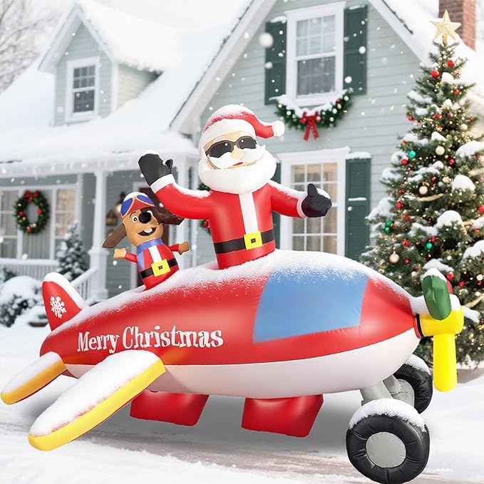 8FT Christmas Inflatables Airplane Outdoor Decorations Santa Claus on Flying Animated Helicopter Built-in LED Lights Xmas Inflatable Blow Up Christmas Yard Decor for Gardern Lawn Indoor Winter Holiday