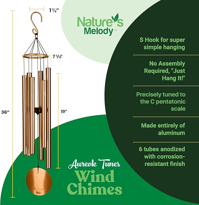 Nature’s Melody Aureole Tunes Wind Chimes – Outdoor Windchime with 6 Tubes, 100% Rustproof Aluminum, Powder Finish & S Hook Hanger for Sympathy, Memorial Gift or Zen Garden (Bronze, 36")