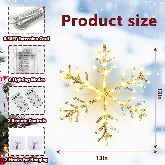 Christmas Window Snowflake Lights Decorations, Battery Operated Led Hanging Iron Lights, 8 Lighting Modes for Home Bedroom Indoor Outdoor Wall Holiday Decor (Warm White, 2 Pack)