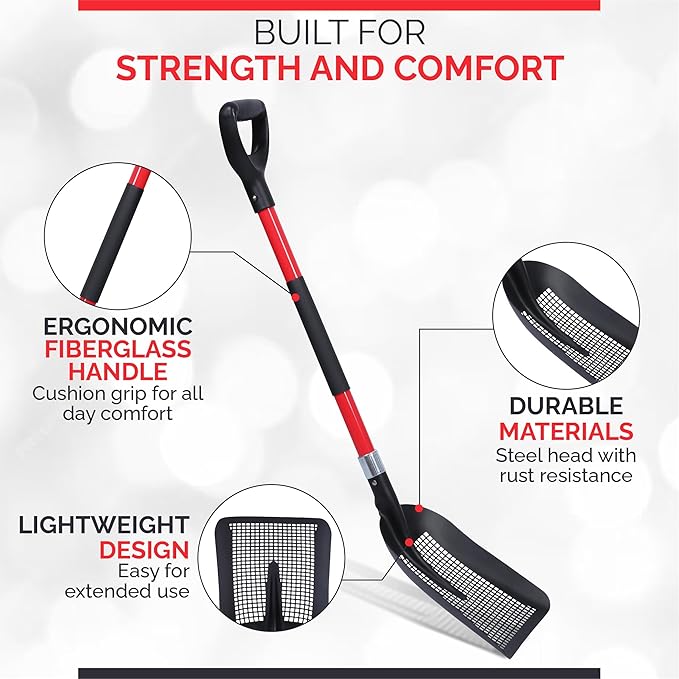Sifting Shovel, Sand Sifter Shovel for Chicken Coop Scooper, Beach, Heavy Duty with Ergonomic Fibreglass Handle Double Grip with Gloves