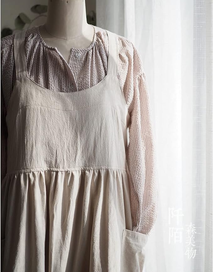 Uaussi Cotton Linen Apron Cross Back Work Apron for Women with Pockets Pinafore Dress X Cross Halter Apron for Chef Gardening
