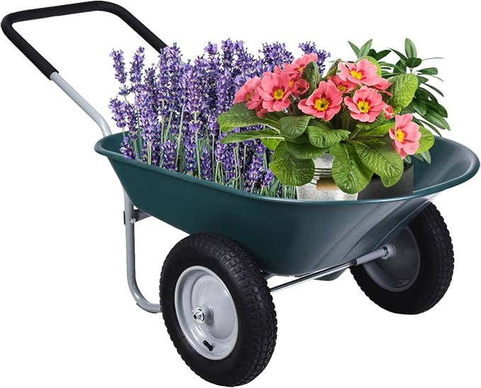 IRONMAX Garden Dual-Wheel Wheelbarrow, Heavy Duty Utility Yard Cart w/ 2x14’’ All-Terrain Wheels & Built-in Stand, Wheel Barrow for Lawn, Yard, Farm, Gardening & Planting (Green)