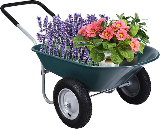 IRONMAX Garden Dual-Wheel Wheelbarrow, Heavy Duty Utility Yard Cart w/ 2x14’’ All-Terrain Wheels & Built-in Stand, Wheel Barrow for Lawn, Yard, Farm, Gardening & Planting (Green)