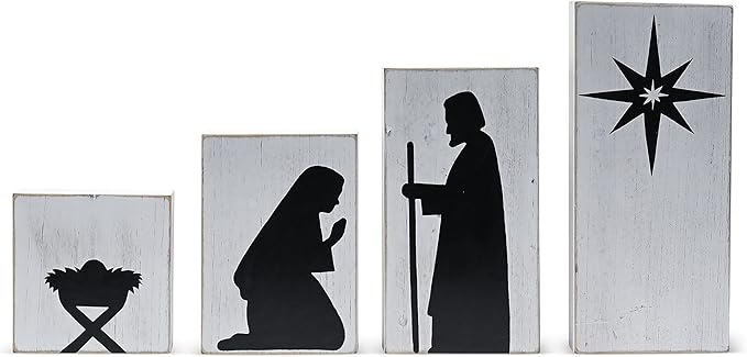 Ornativity Wooden Block Nativity Scene - Black Xmas Silhouette Christmas Figures on White Painted Wood Blocks Indoor Nativity Table Top Shelf Sitter Mantle Centerpiece Set Decorations - 1 Set