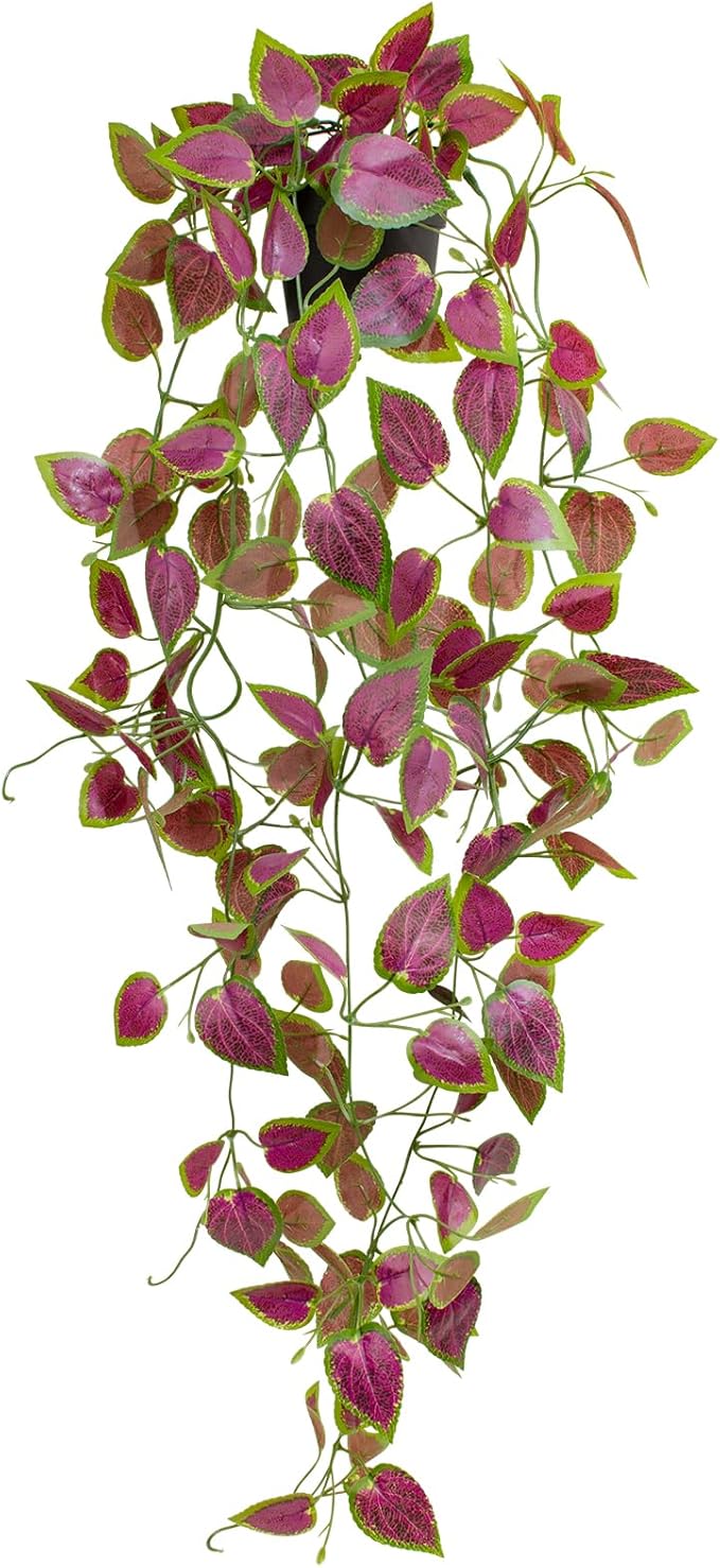 Artificial Hanging Potted Plants, Small Fake Purple Potted Plant Faux Ivy Vine Plant for Shelf Home Office Indoor Outdoor Garden Greenery Decor (Black Pot)
