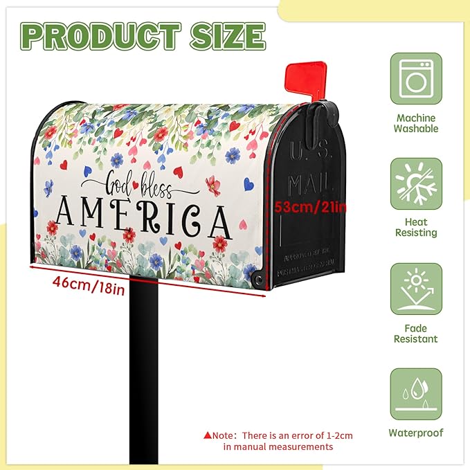 God Bless Patriotic Mailbox Covers 4th of July Mailbox Cover Magnetic Standard Size 21x18 in Red and Blue Floral Post Letter Box Cover Wrap Outdoor Decor for Garden Eucalyptus Leaf