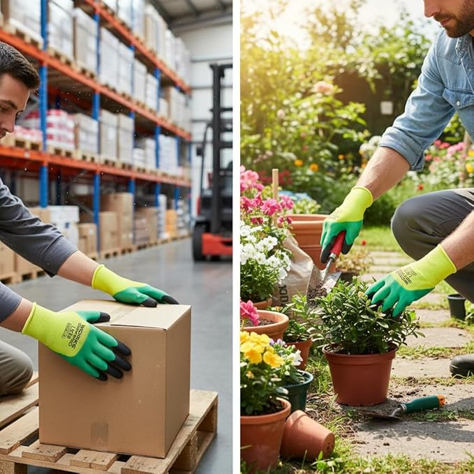 Pro L538 Safety Work Gloves, Green and Yellow, Latex Rubber Coated, Size 8, for Construction, Gardening, Warehouse, Assembly