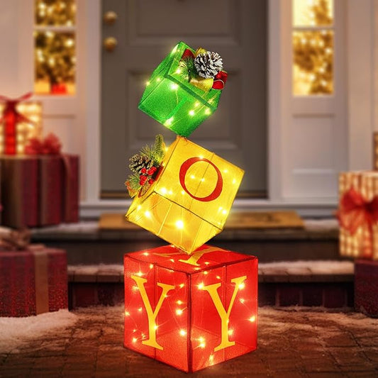 Christmas Joy Lighted Gift Boxes Decorations Set of 3, 2.6Ft Stackable Christmas Nesting Boxes Battery Operated for Home and Party Decoration