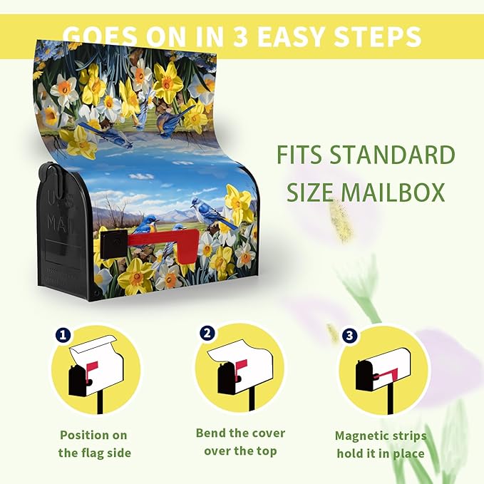 Summer Bluebirds Mailbox Covers Magnetic Spring Summer Daffodil Mail Box Post Letter Cover Bird Flowers Mailbox Wrap Farmhouse Blue Sky Mailbox Cover Standard Size 21x18 Inch