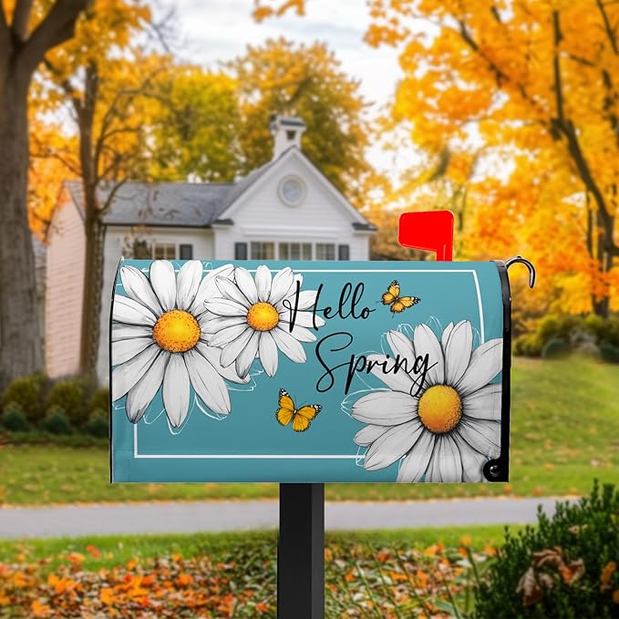 Spring Floral Daisy Mailbox Cover Magnetic Standard Size 21x18 in Floral Butterfly Post Letter Box Cover Decorations for Outside Garden Yard Blue