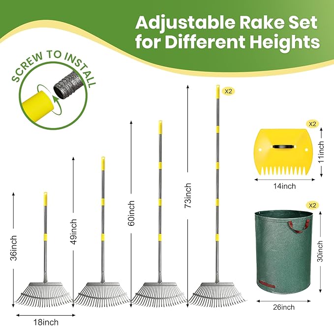 2 Pack Large 18" Wide Metal Leaf Rake, 25 Tines,65” Long Handle,Heavy Duty Graden Rakes Set for Lawn Yard Pine Needles Mulch Thatch Debris Cleanup Set with 2 Pack 72Gallon Leaf Bags and Scoops