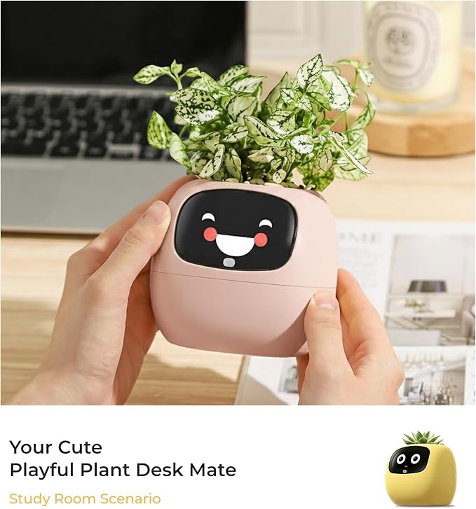 Ivy AI Smart Plant Pot with Emoji Intelligent Planter Robot for Houseplants Tamagotchi Flower Pot Stylish Plantagotchi Home Decor(Blush)