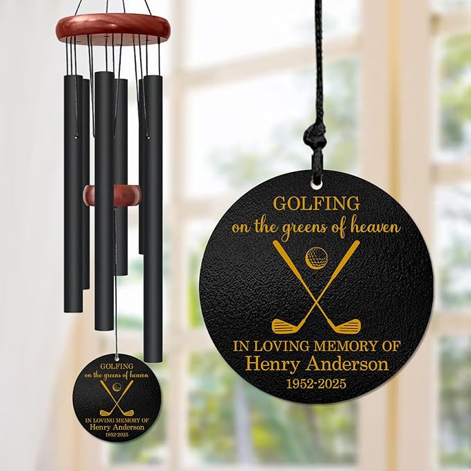 Personalized Golf Memorial Wind Chime – “Golfing on The Greens of Heaven” Custom Name & Years – Sympathy Gift for Golfers, Dad, or Grandpa – Outdoor Remembrance Windchime for Loss of Loved One