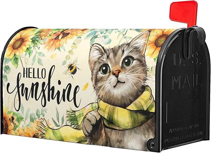 Hello Sunshine Cat Magnetic Mailbox Cover for Garden Yard, Summer Sunflowers Bee Kitten Waterproof Mailbox Wrap Post Cover for Outdoor Outside Patio Decor, Large Size 25.5x21 Inch