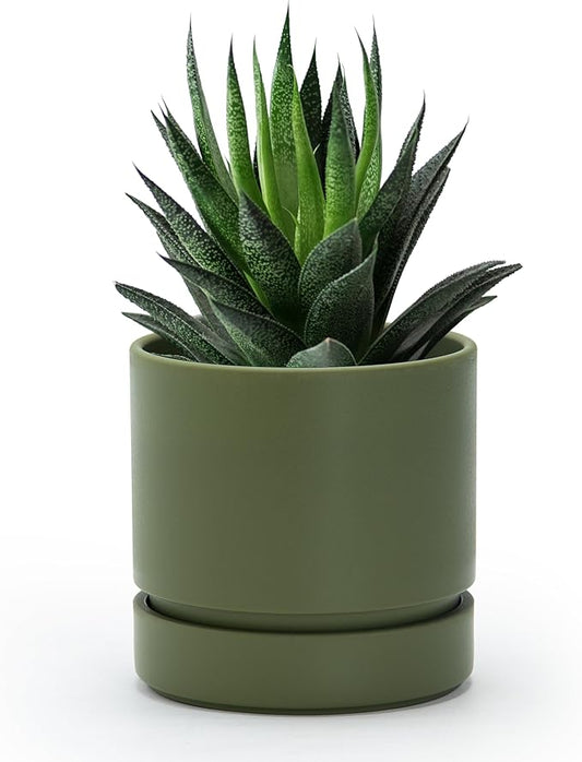 Phoenix Vine 4 Inch Planter Pot with Drainage Hole & Saucer, Deep Water Catch Tray, Straight Cylindrical Round Pot for Plants, Olive, Pack of 1, 23-F-R-1