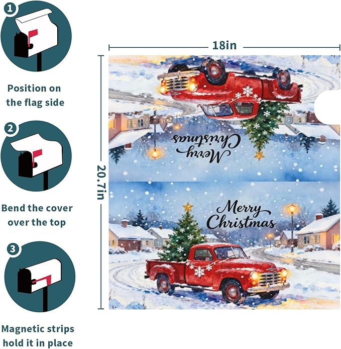 Merry Christmas Red Truck Mailbox Covers Magnetic Standard Size Xmas Tree Snowflake Snow Scene Holiday Outdoor Decorative Farmhouse Letter Box Cases for Home Garden Outside Decor, 21x18 Inch