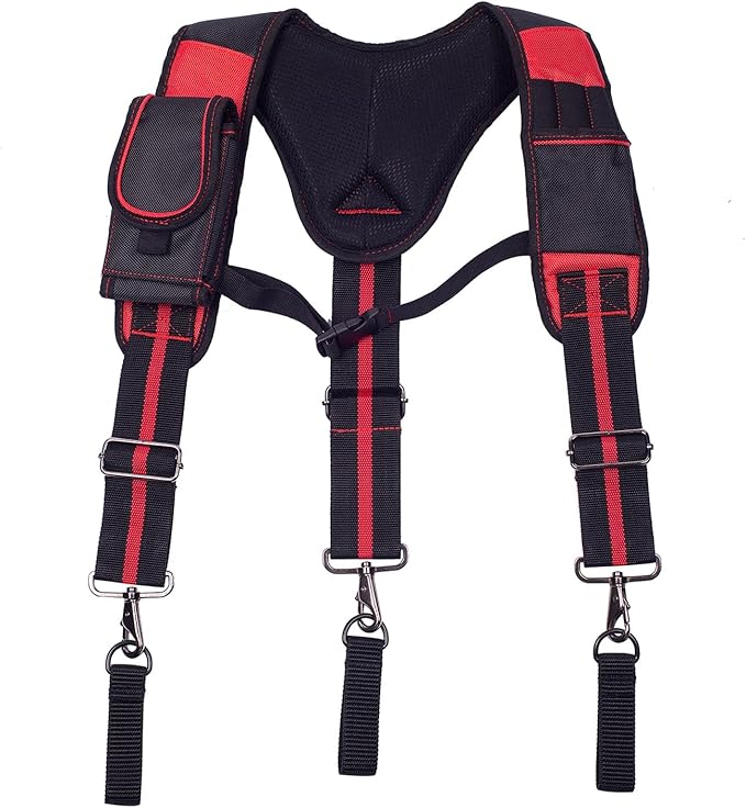 Dr.TOUGH Tool Belt Suspenders for Men Carpenter Tool Belt with Suspenders Padded Tool Belt Suspenders With Magnet Pocket (Red and Black)