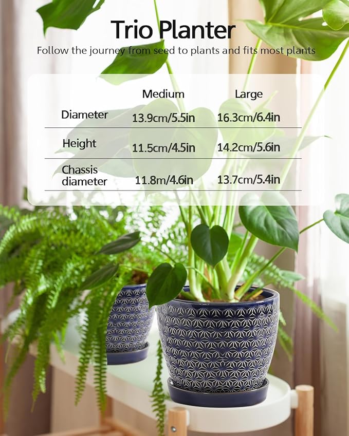 Plant Pots, Planters for Indoor Plants, Ceramic Plant Pots, 6.5+5.5 inch Plant Pot with Drainage and Saucer, Pots for Plants with Hole Mesh Pad, Set of 2, Reactive Glaze Blue