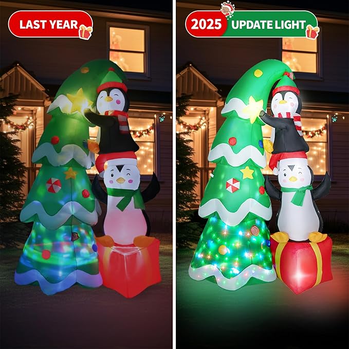 Christmas Inflatables Outdoor Decorations, with Rotating Colored Light+LED Lights, Large Blow Up Yard Decor,Christmas Party Outdoor, Yard, Garden, Lawn Winter (7 FT Penguins Climbing Tree)