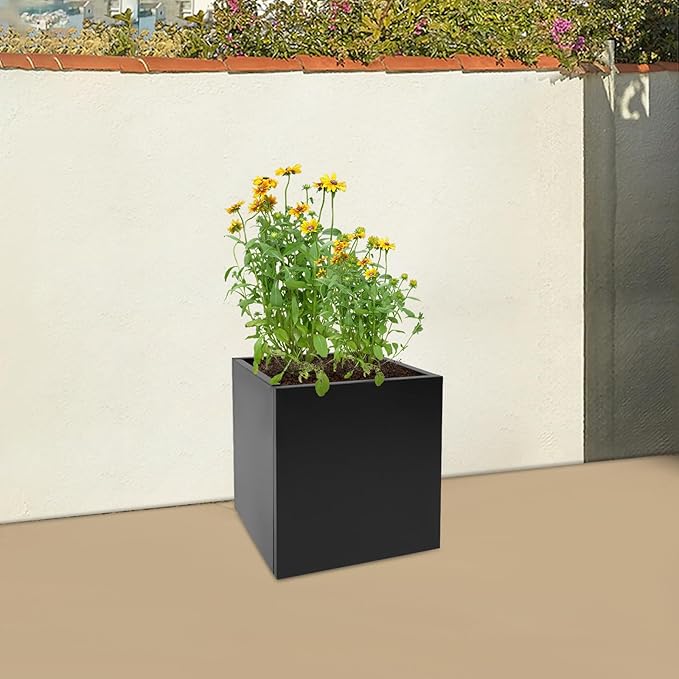 Metallic Heavy Planter Box, Large Metal Planter with Removable Insert Shelf for Outdoor/Indoor, Tall Trees, Plants, Flowers, Easy Assembly (Black, 18 * 18 * 20inch)