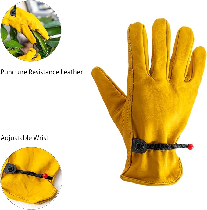 Leather Work Gloves for Men Women, Durable Gardening Gloves, Cowhide Work Gloves for Driver, DIY, Construction