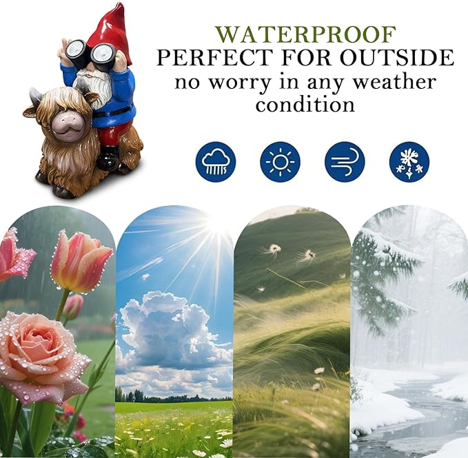 Solar Highland Cow Gnome Garden Statue Outdoor Decor, Funny Solar Light Christmas Decoration for Balcony Garden Patio Yard Lawn, Birthday Gift for Women, Men, Mom, Grandma, Unique Thanksgiving Gifts