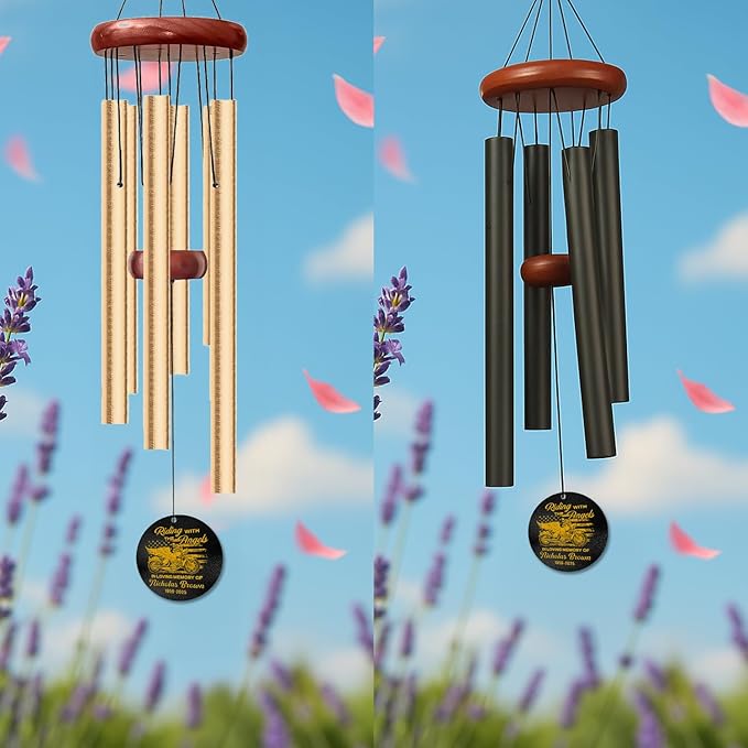 Personalized Motorcycle Memorial Wind Chime – “Riding with The Angels” Gold Cruiser with Wings and USA Flag – Custom Name & Years, Biker Remembrance Gift, Sympathy Decor for Loss of Loved One