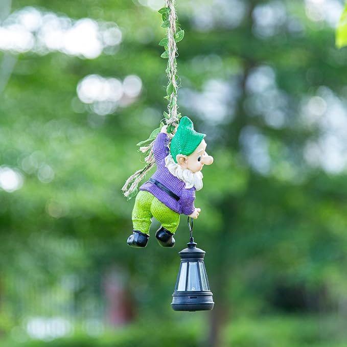 Garden Gnome Solar Lantern Decoration, Outdoor Figurine, Green and Purple, Weather-Resistant Resin