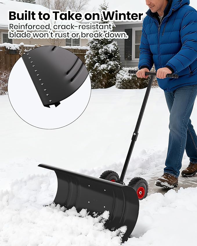 Snow Pusher with Wheels for Driveway, 29.5" Wide Heavy Duty Steel Blade, 5-Position Angle Adjustment & 60° Tilt Handle, Ergonomic Push Snow Shovel with Ground Protection for Effortless Snow Removal