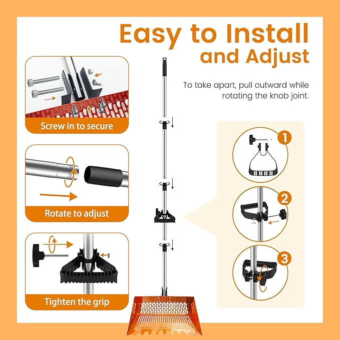Chicken Poop Scooper for Chicken Coop 304 Stainless Steel Adjustable Angle Durable Sand Sifting Litter Shovel for Farm Animals Cleaning Tools (Orange)