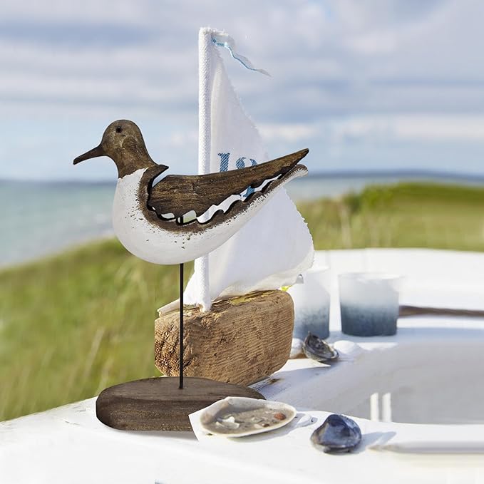 Aecipl Wooden Sea Bird Statue Seagull On Stand Decor Nautical Coastal Birds Sculpture Indoor Outdoor Animal Figurine Beach Themed Decoration Rustic Home Art for Bedroom Garden (B)