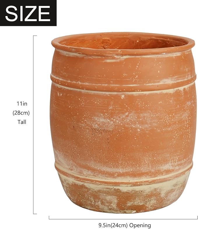 11" H x 9.5" Dia Fiberstone Planter – Rustic Terracotta-Style Flower Pot with Drainage Hole, Aged Clay Look Decorative Plant Container for Indoor Outdoor Patio Garden Home Décor