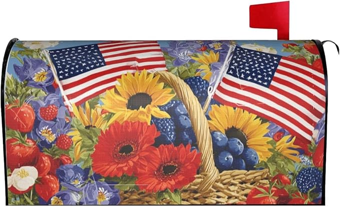 4th of July American Flag Floral Mailbox Covers Magnetic Letterbox Covers 21x18 Inch for Garden Outdoor Decoration