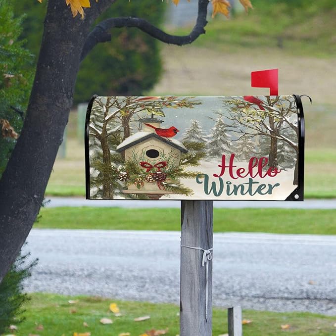 SUABO Winter Scene Cardinal Mailbox Cover Oversize Magnetic Mailbox Covers Wraps for Christmas Home Yard Garden Decor
