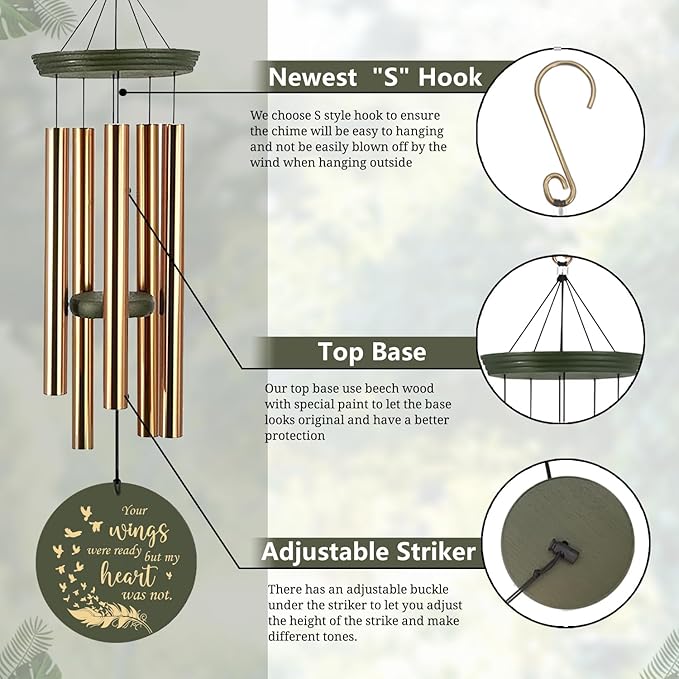 Sympathy Wind Chimes, Personalized Memorial Wind Chimes for Loss of Loved Ones, Feather Heaven Sympathy Gifts, Deep Tone Wind Chime for Condolences/Funeral 36inch (Produced in USA)