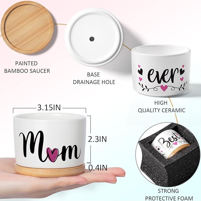 Christmas Mom Gifts, Best Gifts for Mom from Daughter Son Kids Unique, Best Mom Ever Succulent Pots for Plants Indoor Ceramic Planter, Gift Boxed Thanksgiving Birthday Gifts for Mom Mother-in-Law Wife
