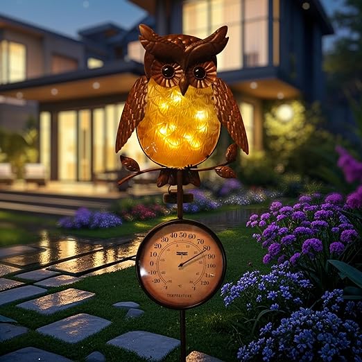 HONGLAND Solar Outdoor Temp Stakes Outdoor Thermometers for Outside Metal Owl Waterproof Patio Lawn Temperature with Solar Warm LED Lights for Yard and Garden, Holiday Gifts for Man Woman