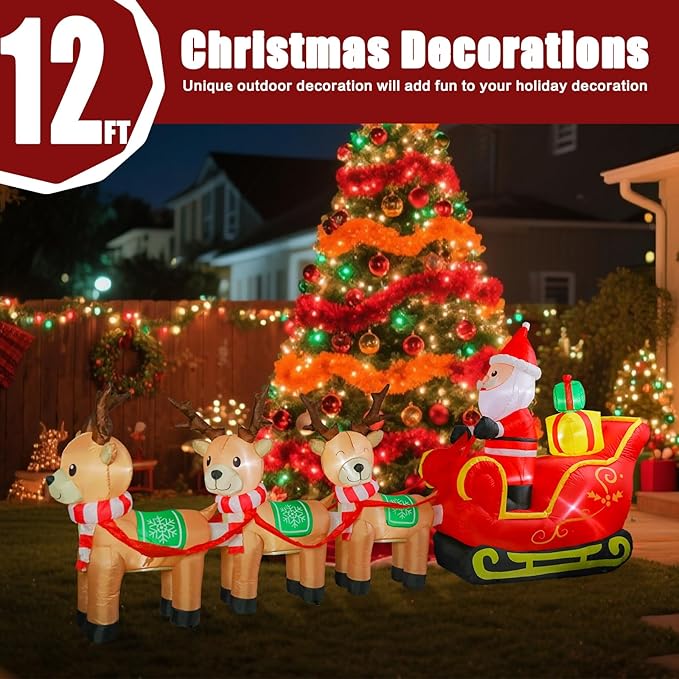 VCUTEKA Christmas Inflatables Outdoor Decorations, 12FT Blow Up Santa Claus Sleigh with Reindeer and Gifts, Animated Christmas Inflatable Yard Decoration with LED Lights for Holiday Lawn Garden Décor