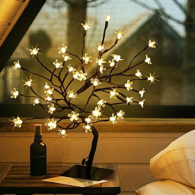 Cherry Blossom Tree Lights,Artificial Bonsai Tree with 48 Warm White LED Lights, 16.2 Inch Prelit Cherry Blossom Lamp for Christmas Party Wedding Gift Home Tabletop Decoration
