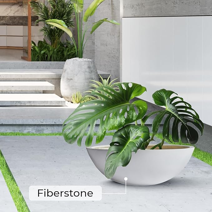 7.7"H x 22"D Round Bowl Fiberstone Planter for Succulent and Lotus - Christmas Tree Planter, Weather Resistant for Indoor & Outdoor Use, Included 2 Extra Coco Mats (White, 19.9" Pot Opening)
