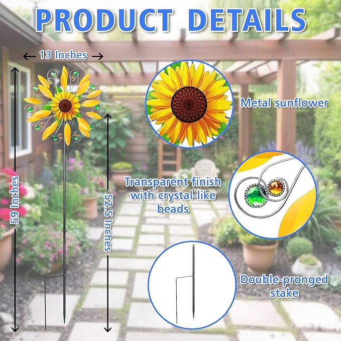 Sunflower Wind Spinner for Garden, Double Wind Sculpture Sunflower Wind Spinner for Garden Patio Yard Decor
