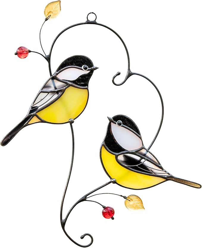 Gift Birds Handmade Chickadee Stained Glass Suncatchers Genuine Stained Glass Window Hanging Unique Indoor Ornament & Outdoor Decor (Pair of Chickadee)