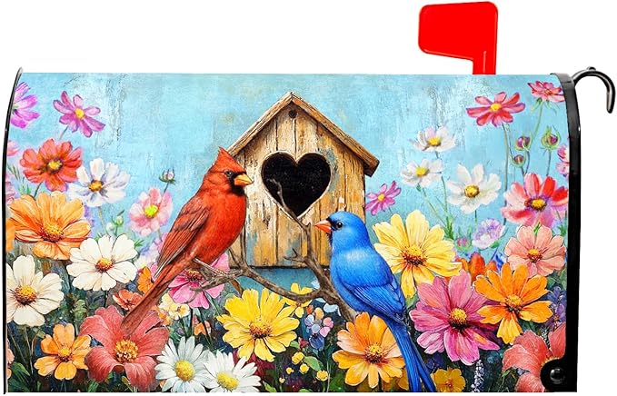 Spring Summer Birds Mailbox Cover Magnetic Standard Size 21x25.5 Inch Welcome Floral Mailbox Wraps Post Box Cover Decoration Outdoor Garden Home Yard Outside
