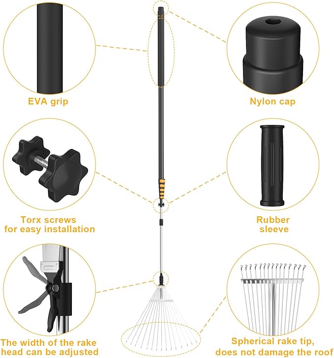FIXM Telescoping Roof and Yard Rake 7-31 FT, Dual Use to Clean Leaves, Branches and Debris for Roofs/Lawn