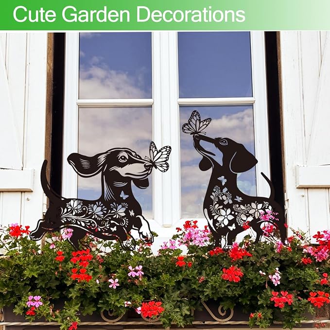 Dachshund Garden Stake Outdoor Yard Decor – Set of 2 Metal Sausage Dog Lawn Ornament, Cute Dog Lover Gift for Women Men, Weather-Resistant Dachshund Silhouette Statues Yard Art for Patio