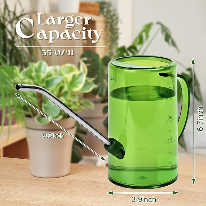 Small Plastic Watering Can - for Home Garden - with Long Spout - 1/4 Gallon - 34 Oz - Green