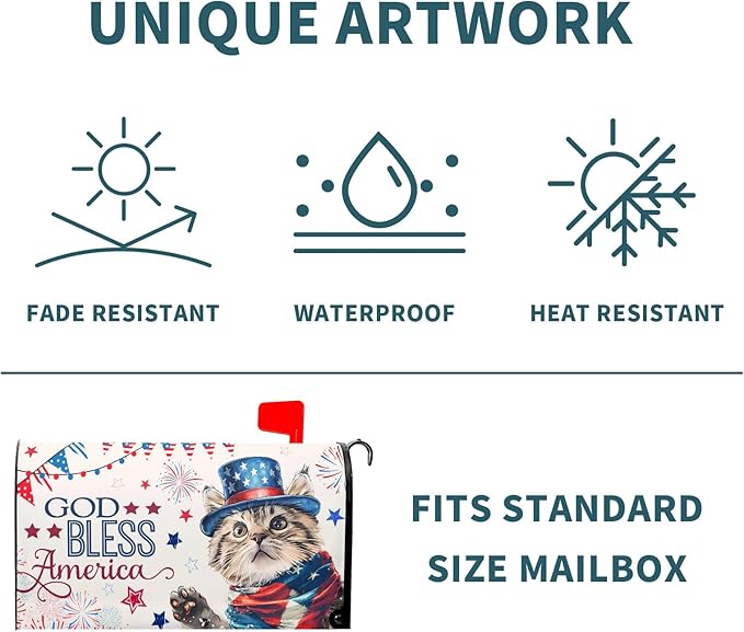 4th of July Cat Mailbox Cover Magnetic Standard Size God Bess America Flag Stars Patriotic Firework Mailbox Wrap Letter Post Cover 21x18 Inch for Garden Yard Outside Outdoor Decor