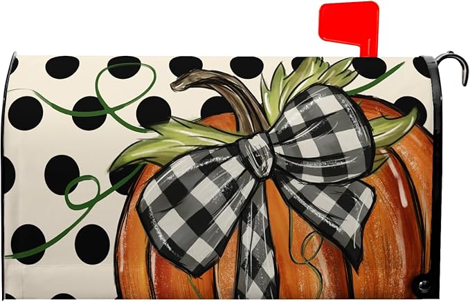 Fall Mailbox Covers Magnetic Pumpkin Mail Box Cover Standard Size 21x18 inch Autumn Polka Dot Mailbox Wrap Bowknot Buffalo Plaid Decorative Mailboxes for Outside Garden Yard